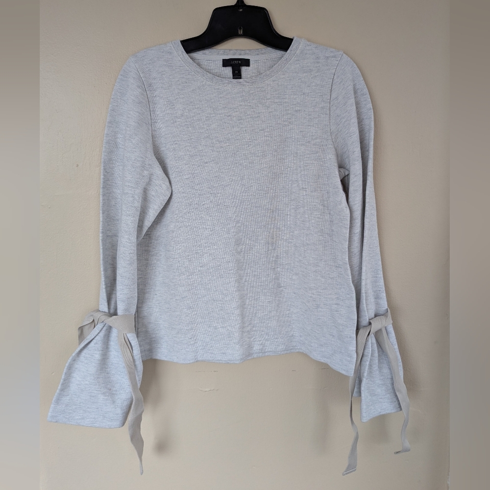 J. Crew Tie Ribbon Sleeve Crewneck Long Sleeve Tee Top, Heather Gray (SIZE XS)